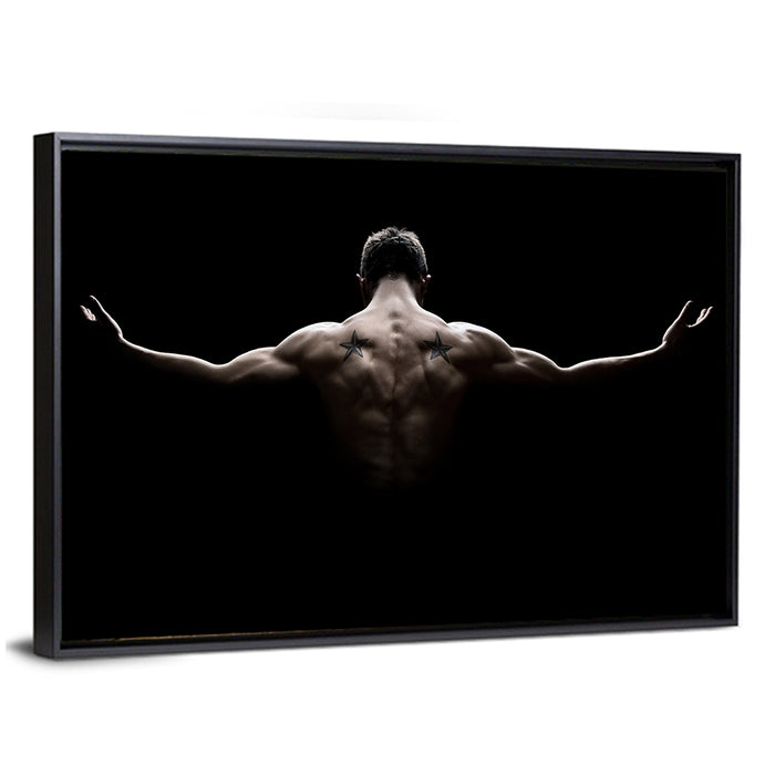 Muscular Back with Nautical Star Tattoos Wall Art as a framed canvas