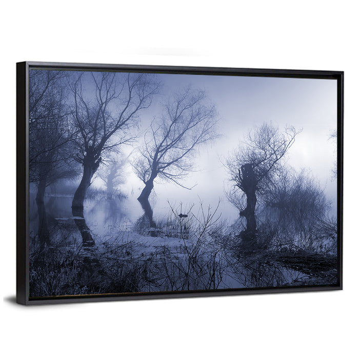 Misty Forest Lake Reflections Wall Art as a framed canvas