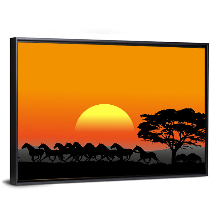 Herd of Horses at Sunset Wall Art as a framed canvas