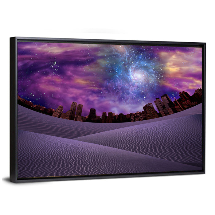 Cosmic Desert City Illustration Wall Art as a framed canvas