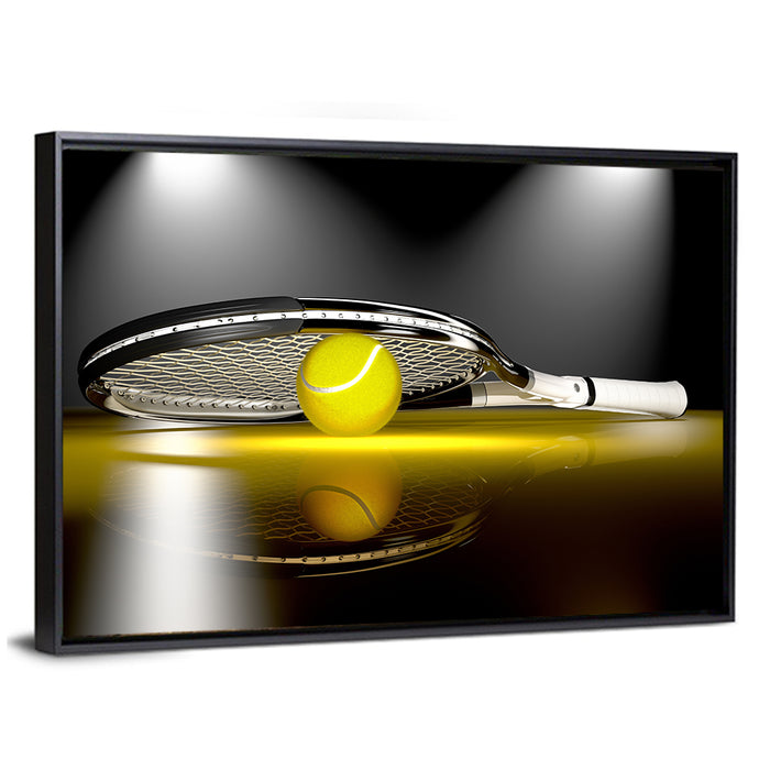 Tennis Racket and Yellow Ball Wall Art as a framed canvas