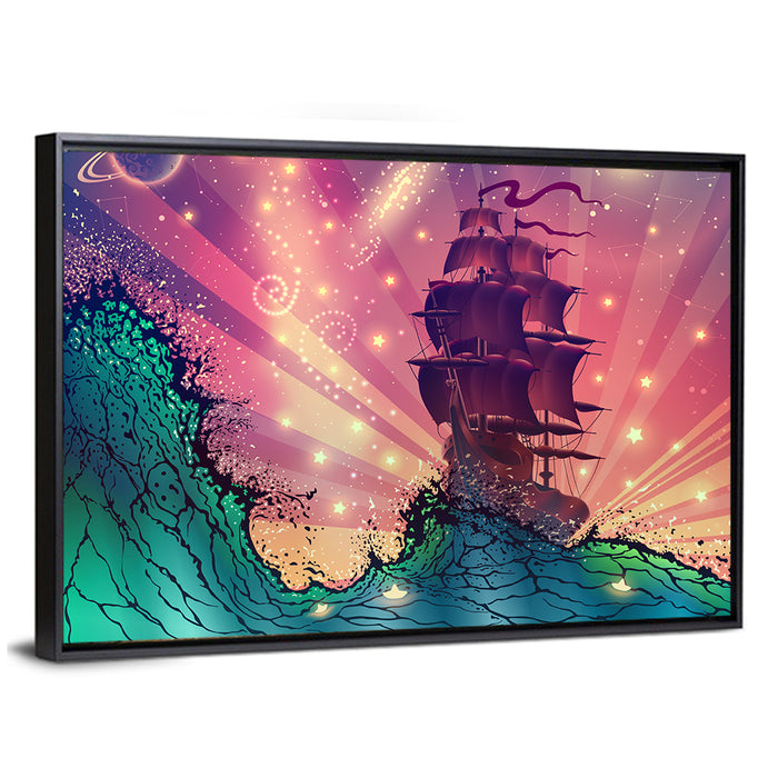 Tall Ship on Cosmic Waves Wall Art as a framed canvas