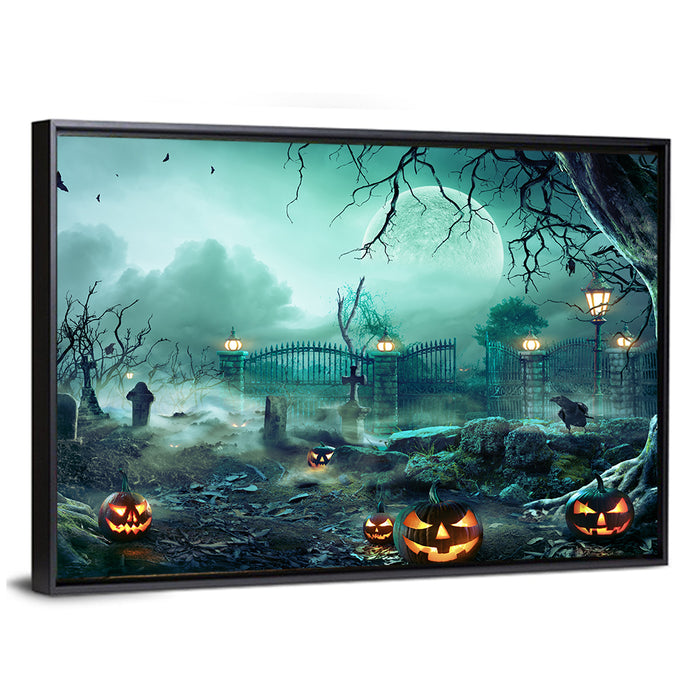Moonlit Jack-o-lanterns in Cemetery Wall Art as a framed canvas