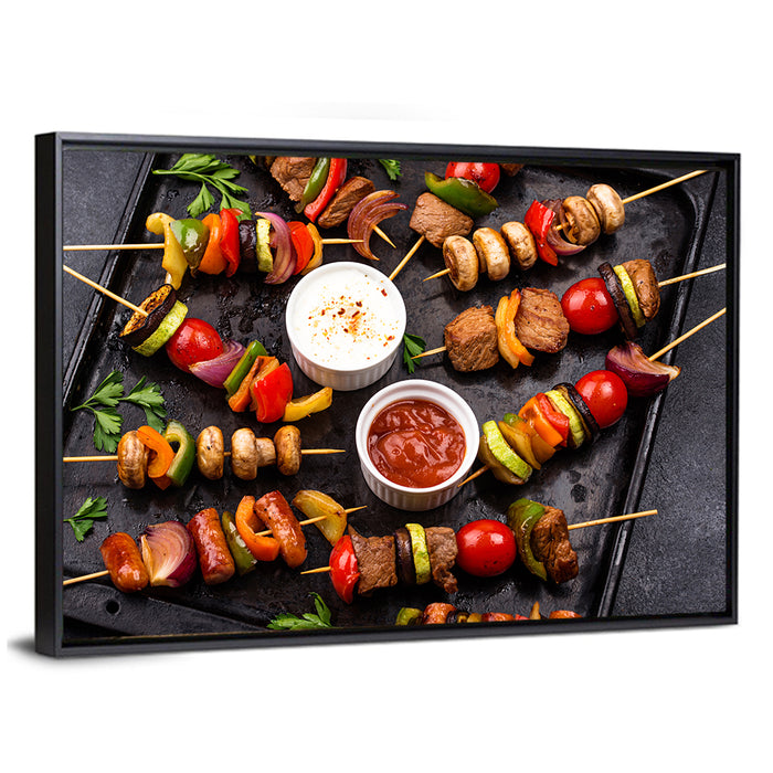 Grilled Meat and Vegetable Kebabs Wall Art as a framed canvas