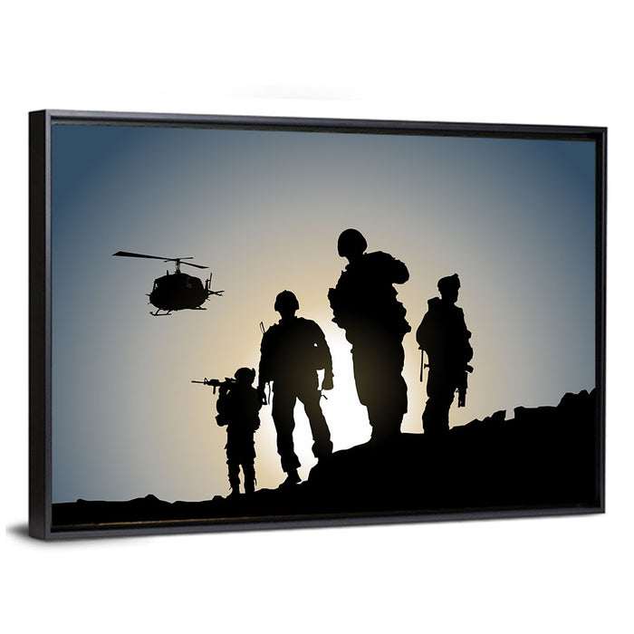 Soldiers on Ridge with Helicopter Wall Art as a framed canvas