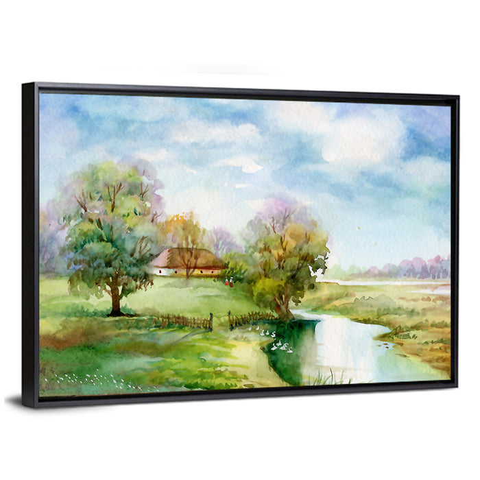 Thatched Cottage by the River Wall Art as a framed canvas