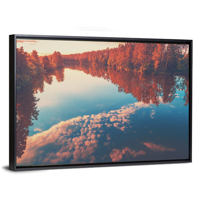 Golden Sunrise Over Reflective Lake Wall Art as a framed canvas