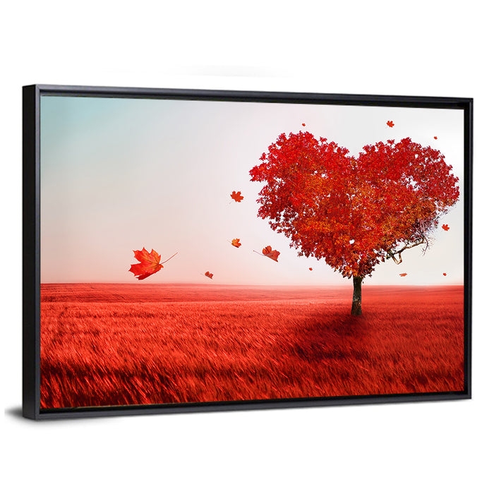 Heart-shaped Tree in Red Field Wall Art as a framed canvas