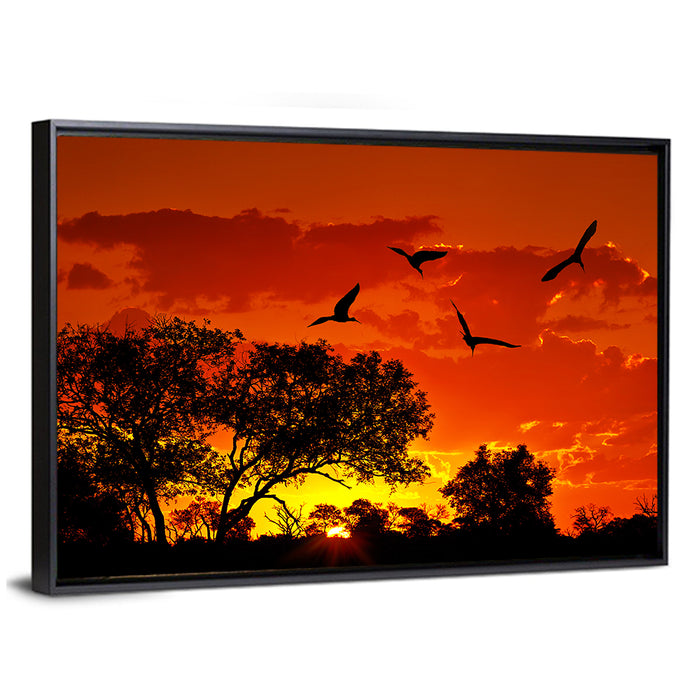 African Sunset Silhouette Wall Art as a framed canvas