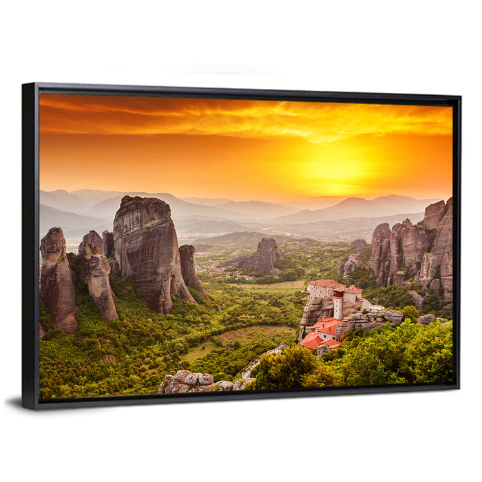 Roussanou Monastery Sunset, Meteora Wall Art as a framed canvas