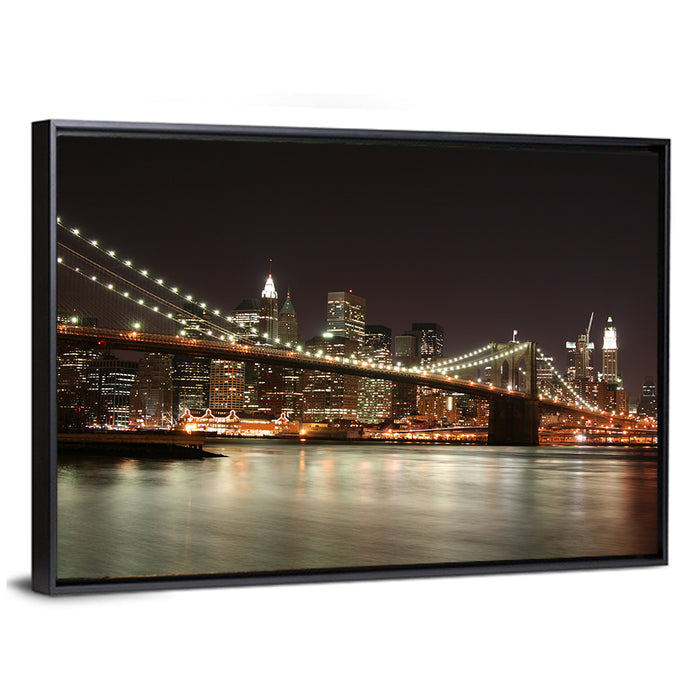 Brooklyn Bridge Night Skyline Wall Art as a framed canvas