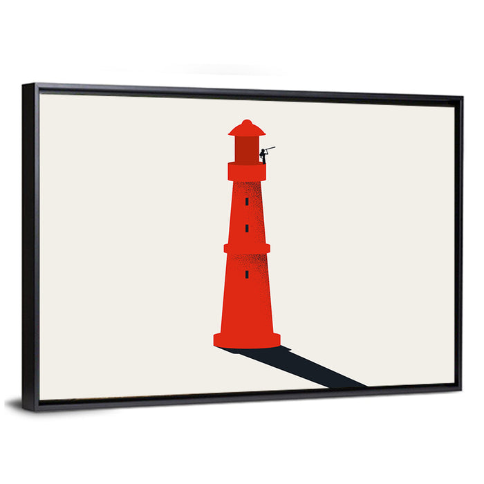 Red Lighthouse with Telescope Silhouette Wall Art as a framed canvas