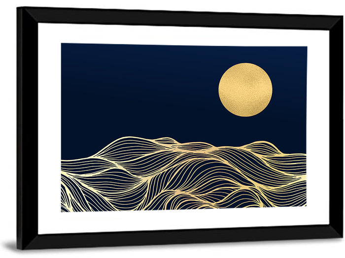 Geometric Moon Over Waves Wall Art as a framed print