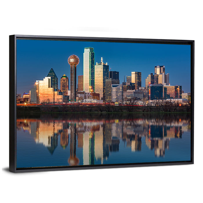 Dallas Skyline at Sunset Wall Art as a framed canvas