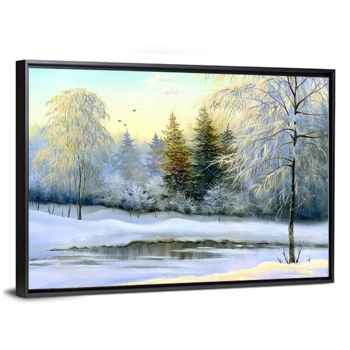 Golden Light on Frozen River Wall Art as a framed canvas