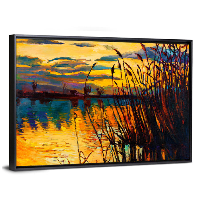 Sunset Lake with Reeds Wall Art as a framed canvas