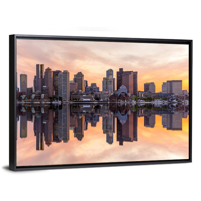 Boston Harbor Skyline at Dusk Wall Art as a framed canvas