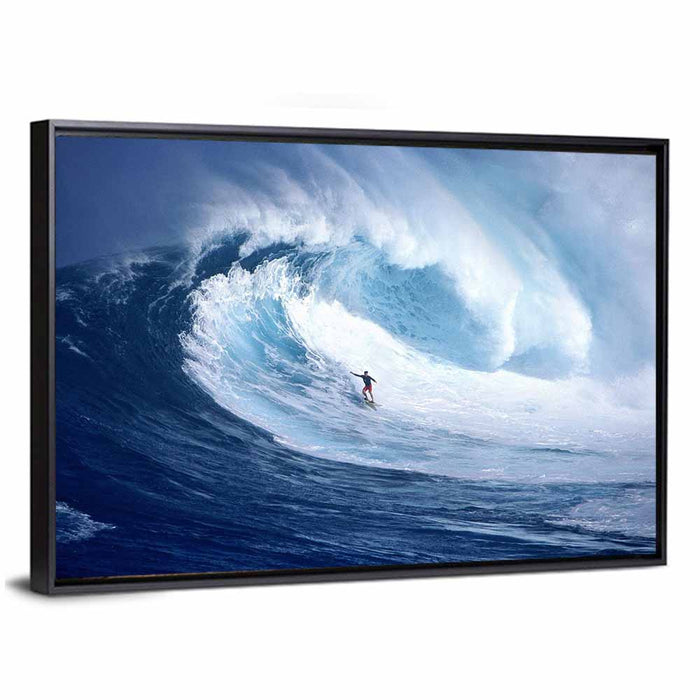 Surfer in Barrel Wave Wall Art as a framed canvas