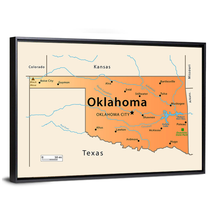 Oklahoma State Map Wall Art as a framed canvas