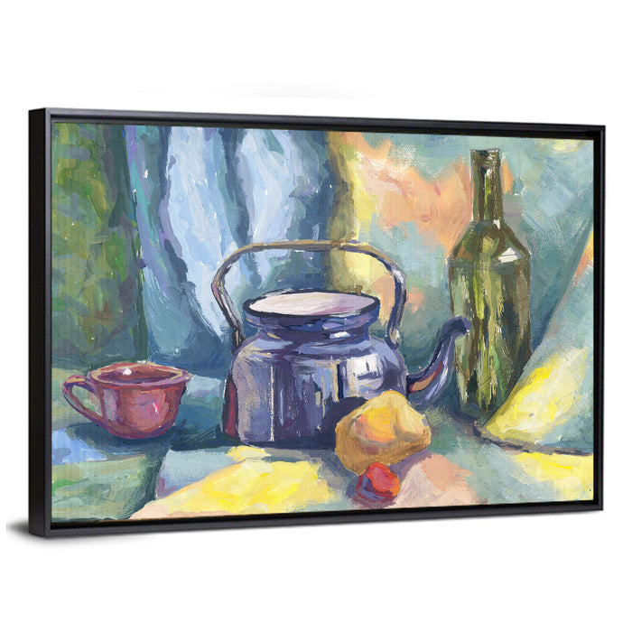 Metal Teapot and Bottle Still Life Wall Art as a framed canvas