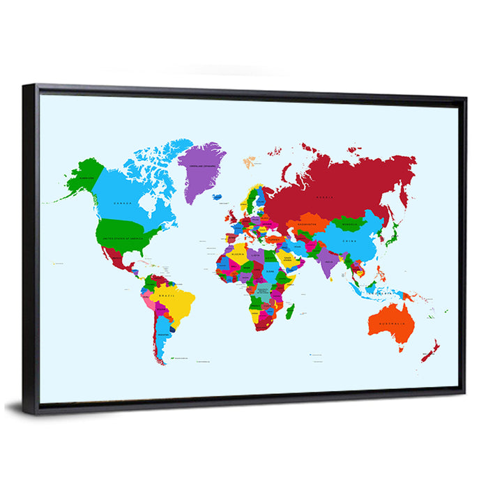 Minimalist Colorful World Map Wall Art as a framed canvas