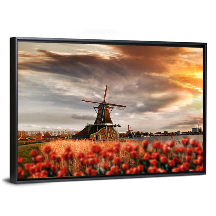 Dutch Windmill with Red Tulips Wall Art