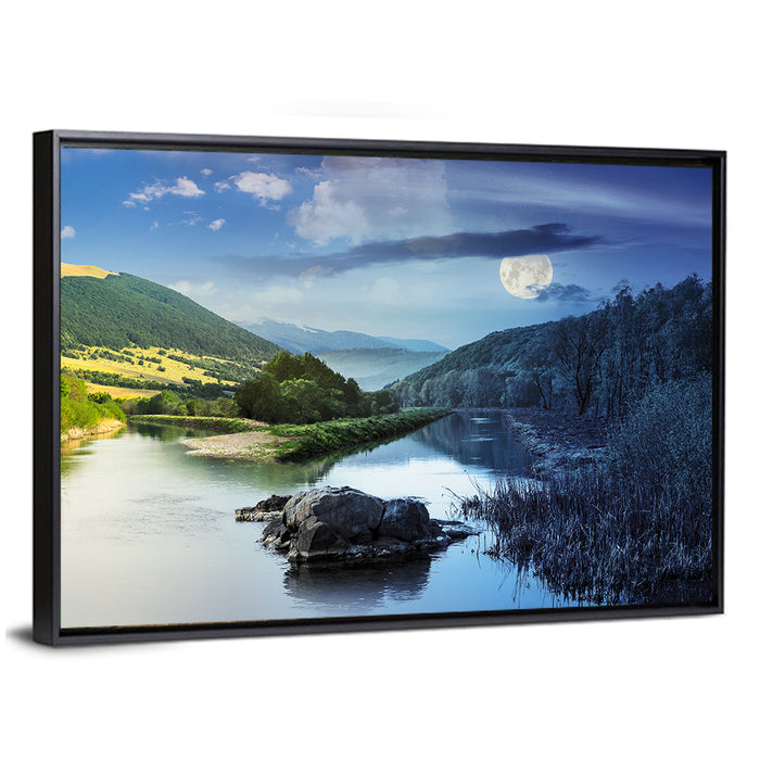 Moonlit Mountain River Wall Art as a framed canvas