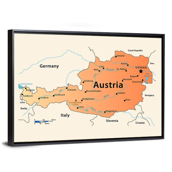 Austria Topographic Map Wall Art as a framed canvas