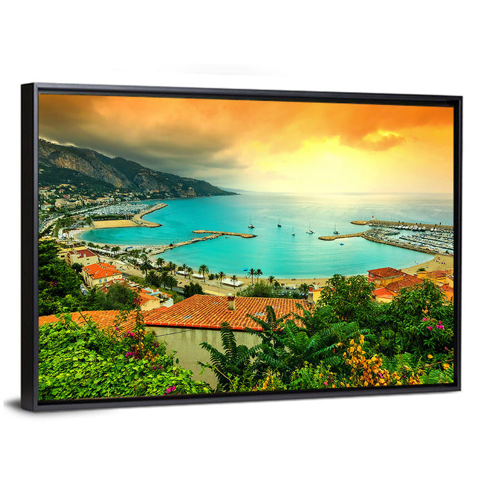 Azur Coast Golden Hour Bay Wall Art as a framed canvas