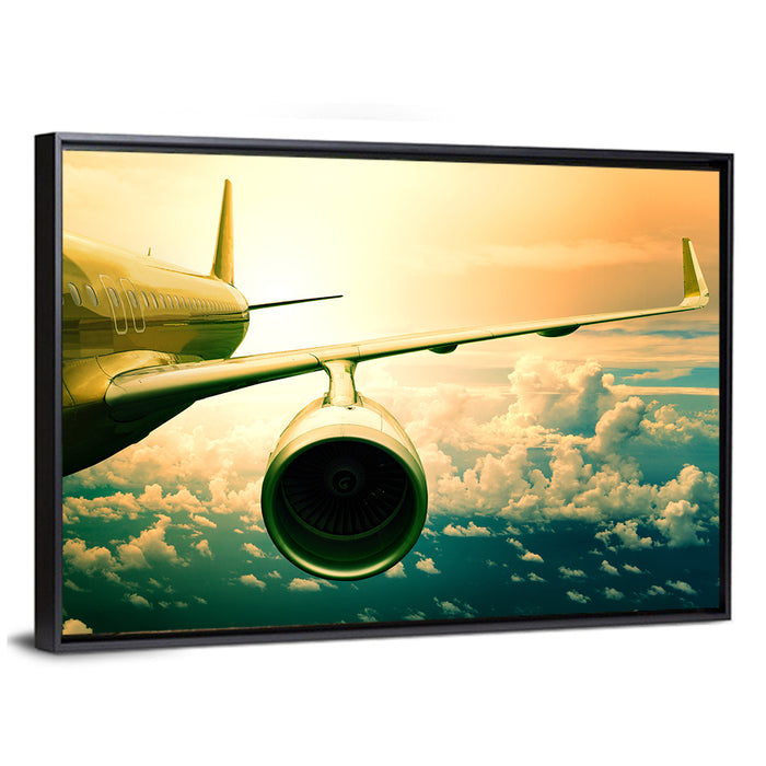 Passenger Jet Wing at Sunset Wall Art as a framed canvas