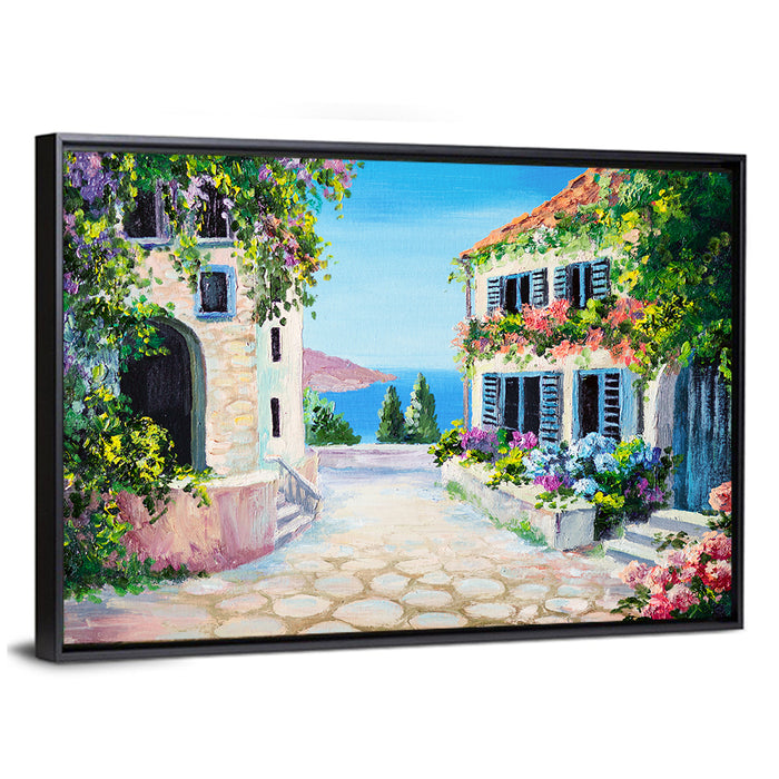 Cobblestone Path to the Sea Wall Art as a framed canvas