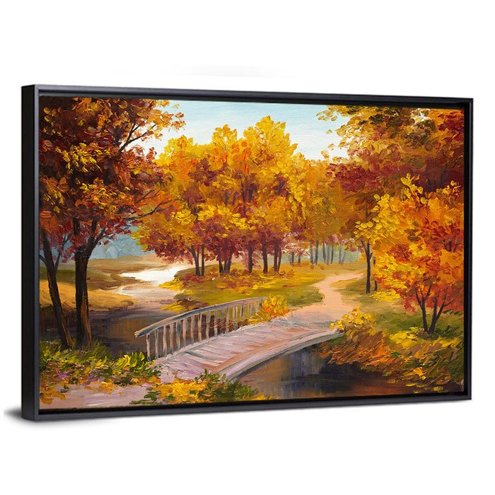 Autumn Footbridge in Golden Forest Wall Art as a framed canvas