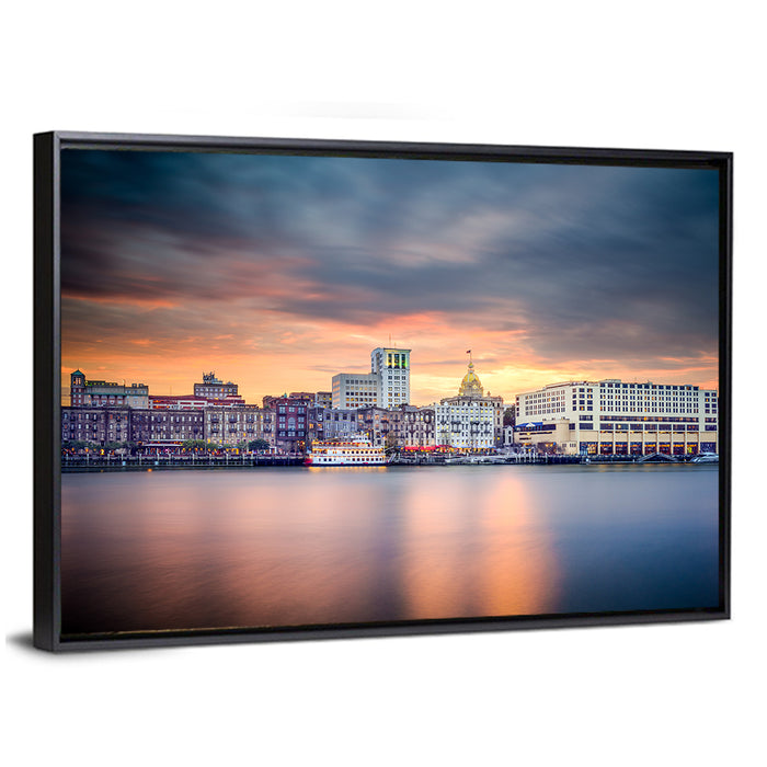 Savannah Riverfront Sunset Skyline Wall Art as a framed canvas