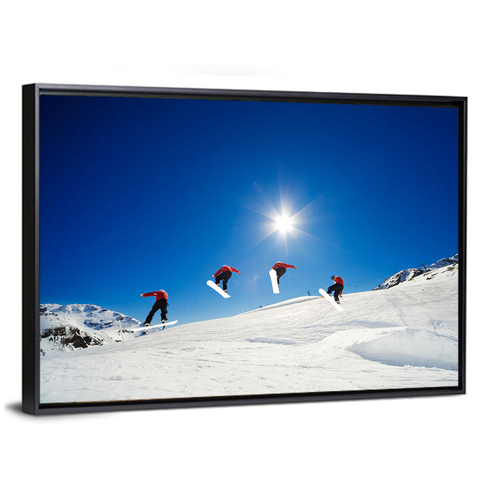 Snowboarder Jump Sequence Wall Art as a framed canvas