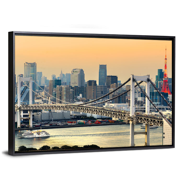 Rainbow Bridge and Tokyo Tower Skyline Wall Art as a framed canvas