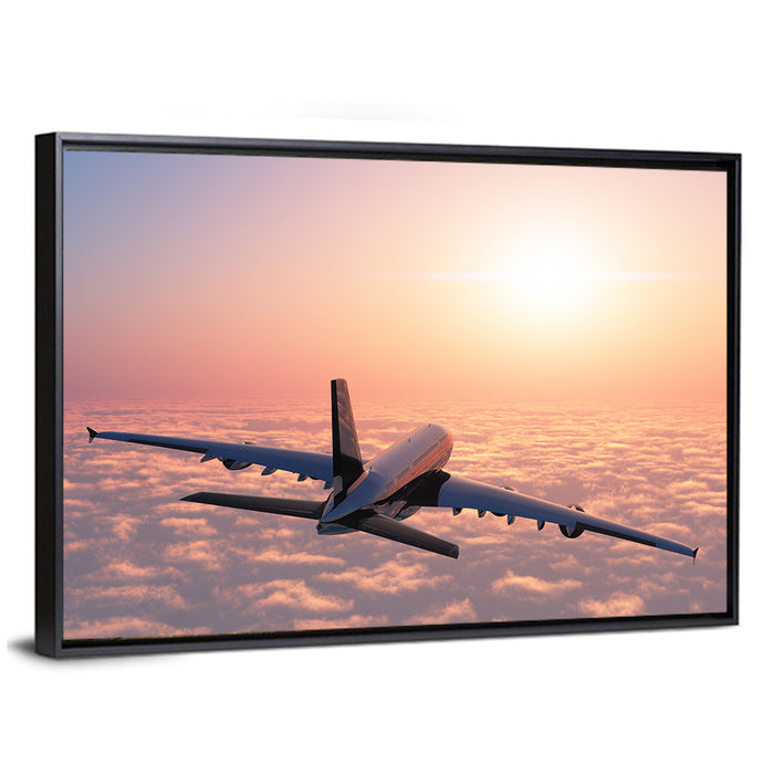 Passenger Plane Above Golden Clouds Wall Art as a framed canvas