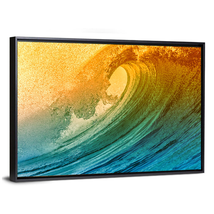 Golden Hour Barrel Wave Wall Art as a framed canvas