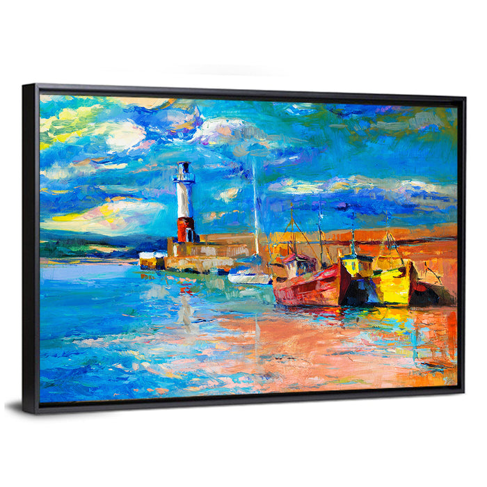 Lighthouse Harbor Sunset Wall Art as a framed canvas