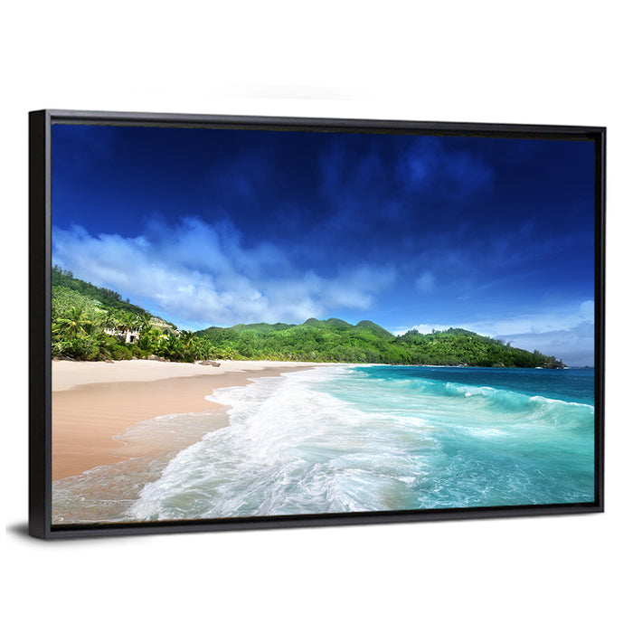 Mahe Island Beach Wall Art as a framed canvas