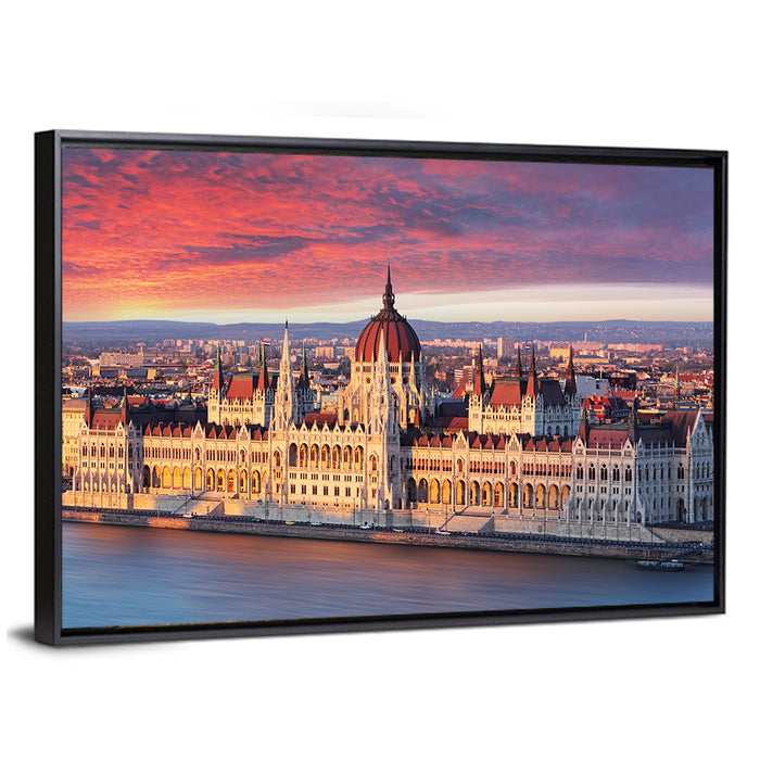 Hungarian Parliament at Dawn Wall Art as a framed canvas