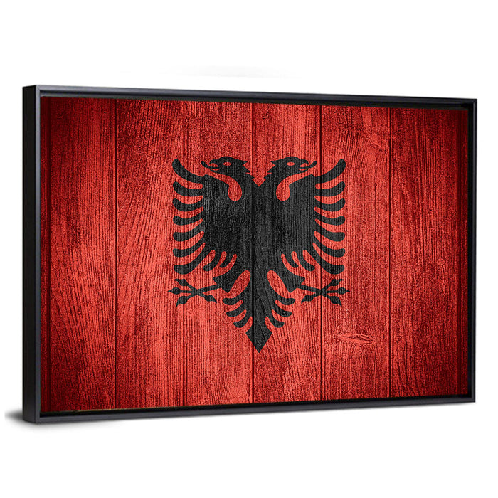 Albanian Flag Emblem Wall Art as a framed canvas