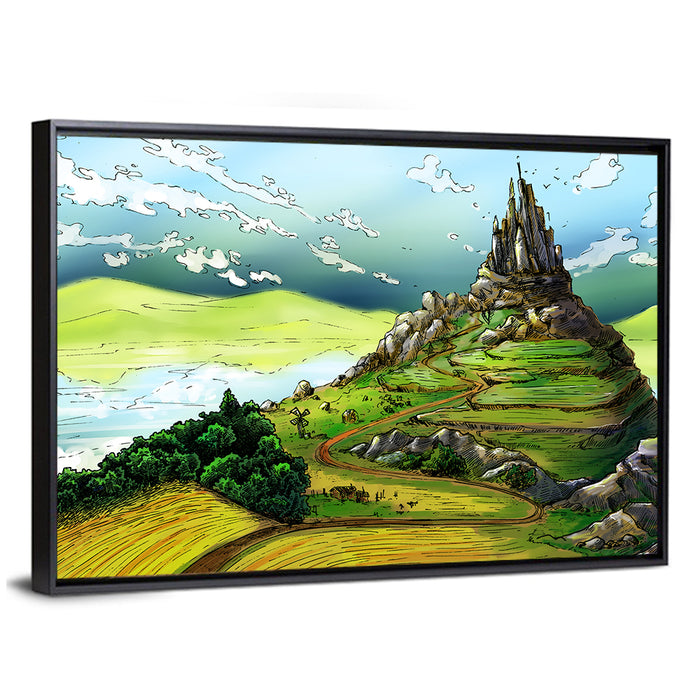Hilltop Fairy Castle Illustration Wall Art as a framed canvas