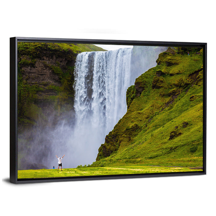 Skogafoss Waterfall with Moss Covered Cliffs Wall Art as a framed canvas