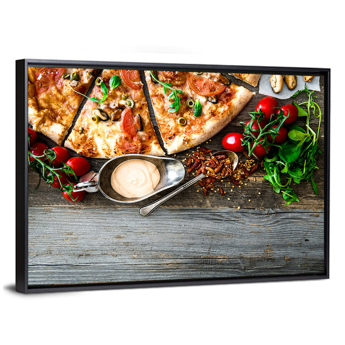 Seafood Pizza with Mussels and Tomatoes Wall Art as a framed canvas