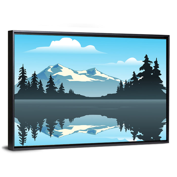 Mountain Lake Reflection Illustration Wall Art as a framed canvas