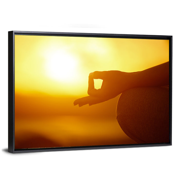 Lotus Pose on Beach at Sunset Wall Art as a framed canvas