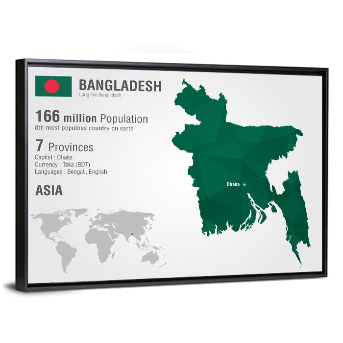 Bangladesh Map with Dhaka Marker Wall Art as a framed canvas
