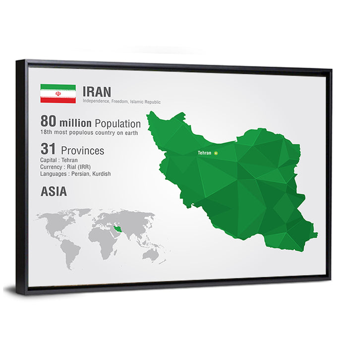 Low Poly Iran Map Wall Art as a framed canvas