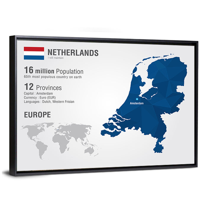 Netherlands Geometric Map Wall Art as a framed canvas