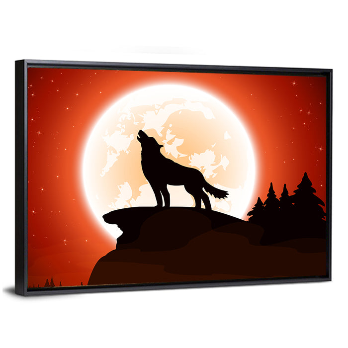 Howling Wolf Under Full Moon Wall Art as a framed canvas